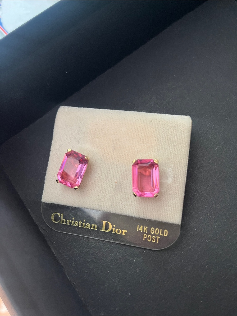 Christian Dior 14K Gold-Prong Hot Pink Emerald-Cut Stud Earrings Vintage